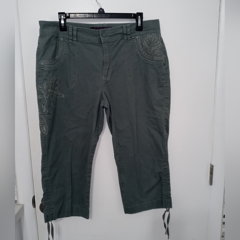 Gloria Vanderbilt Annaleise Sage Embroidered Floral Stretch Capri Pants sz 16
